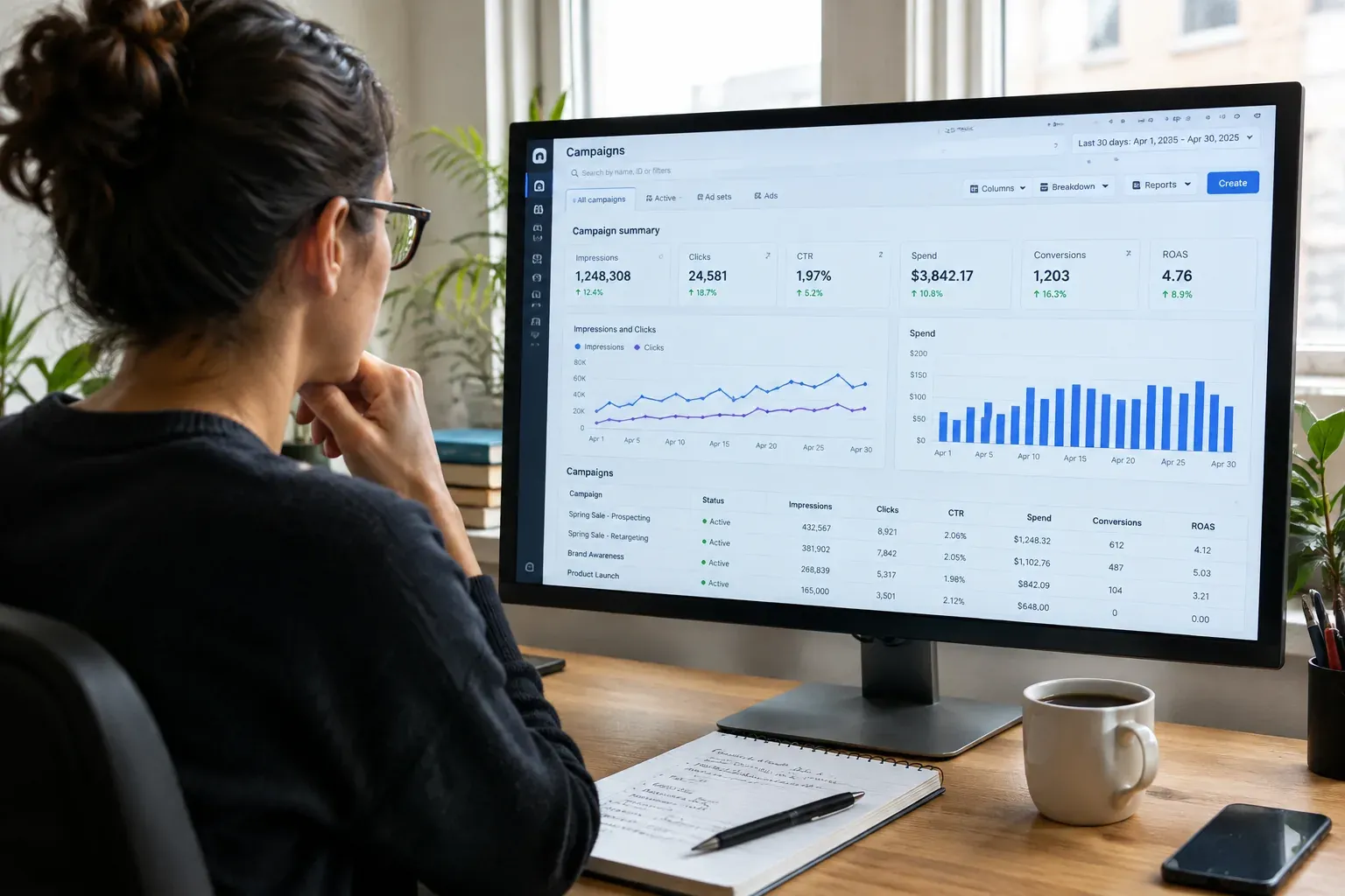 Campaign dashboard with impressions, clicks and spend