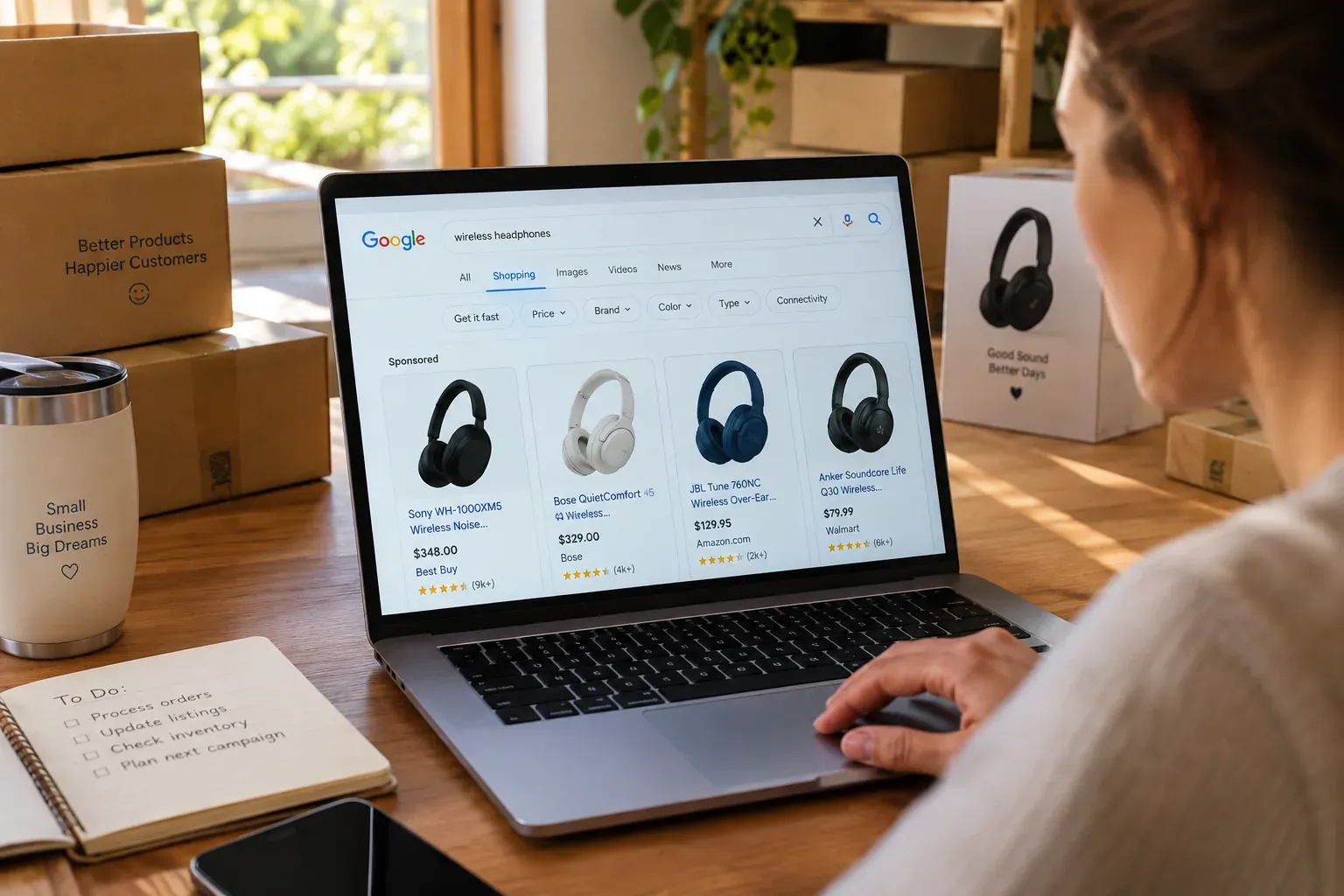 Google Shopping ads for an online store on a laptop