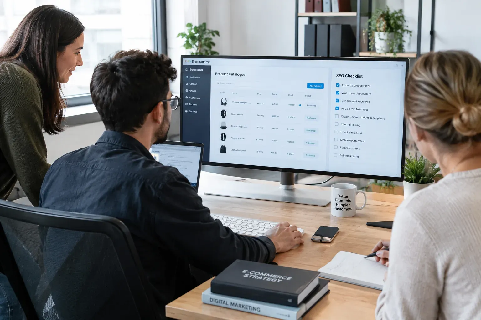 E-commerce team working on PrestaShop store SEO