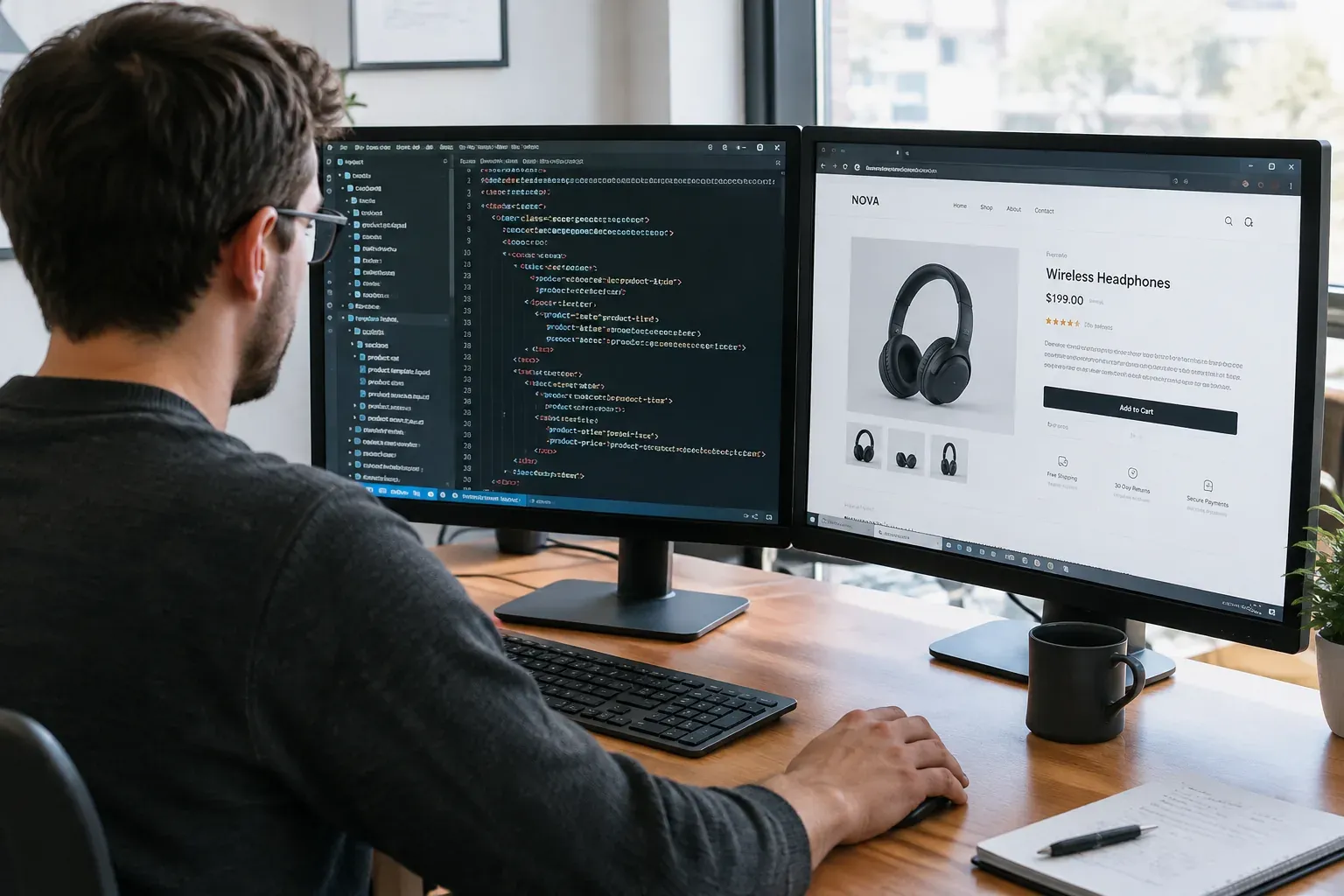 Developer editing a Shopify store theme and templates