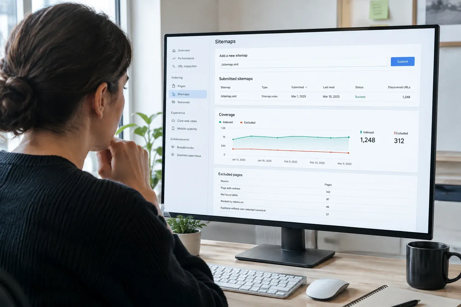Specialist reviewing sitemaps and indexing coverage