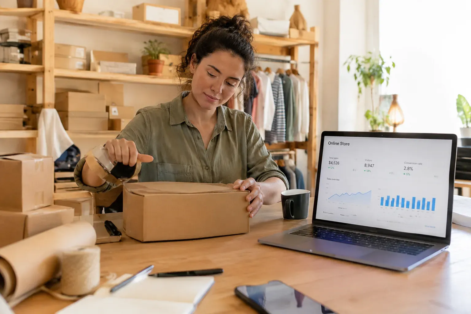 Online shop owner packing orders next to sales stats