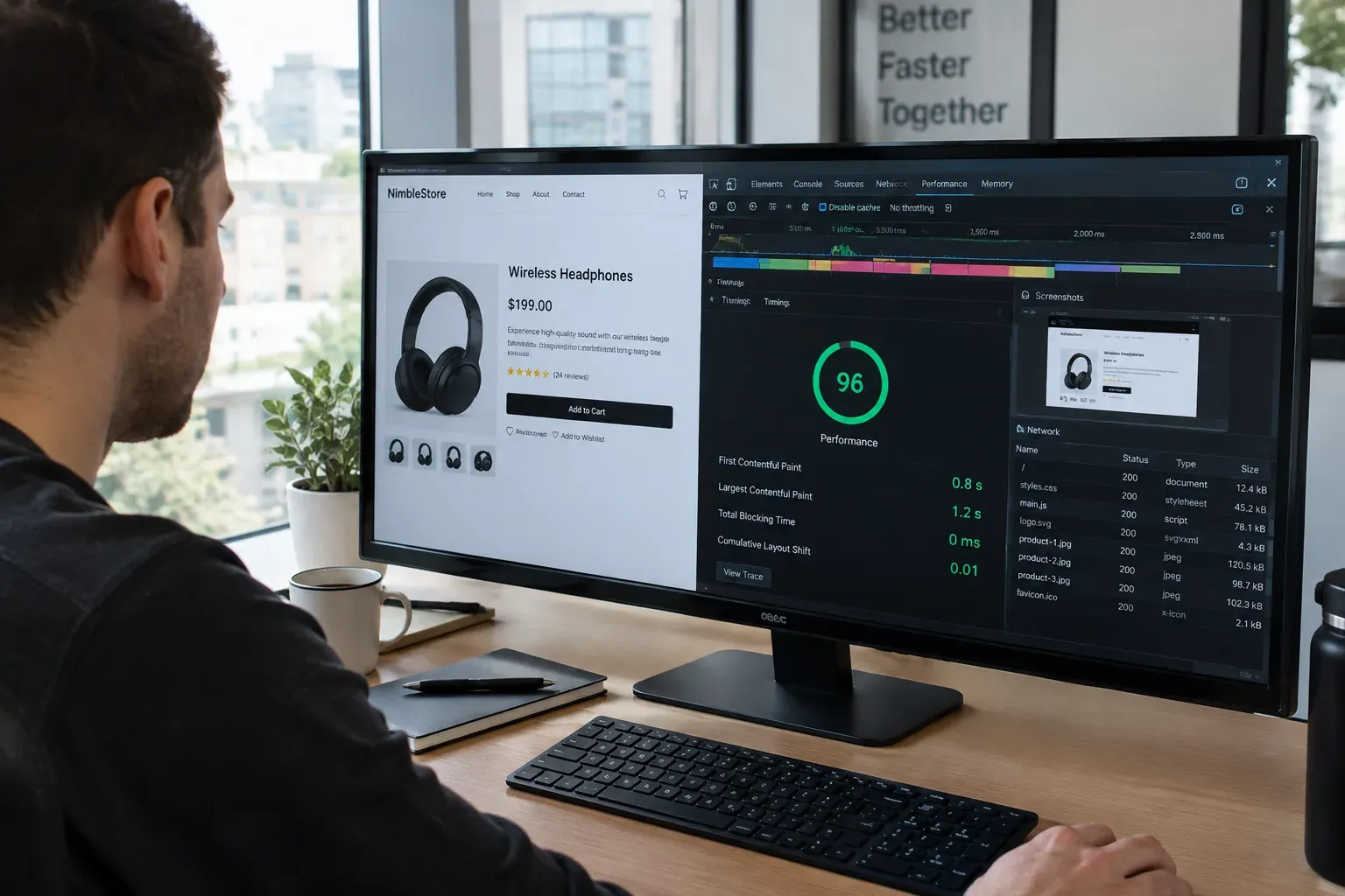 Developer checking the speed and rendering of an online store