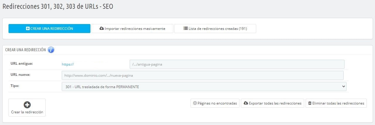 modulo gestión redirects prestashop